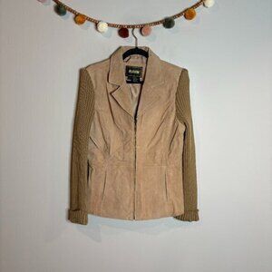 Vintage mixed media beige leather zip up jacket